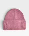LEY! Wollmütze „Saha“ in Rosa, unisex mit umgeschlagenem Rand, flach auf weißem Hintergrund präsentiert.