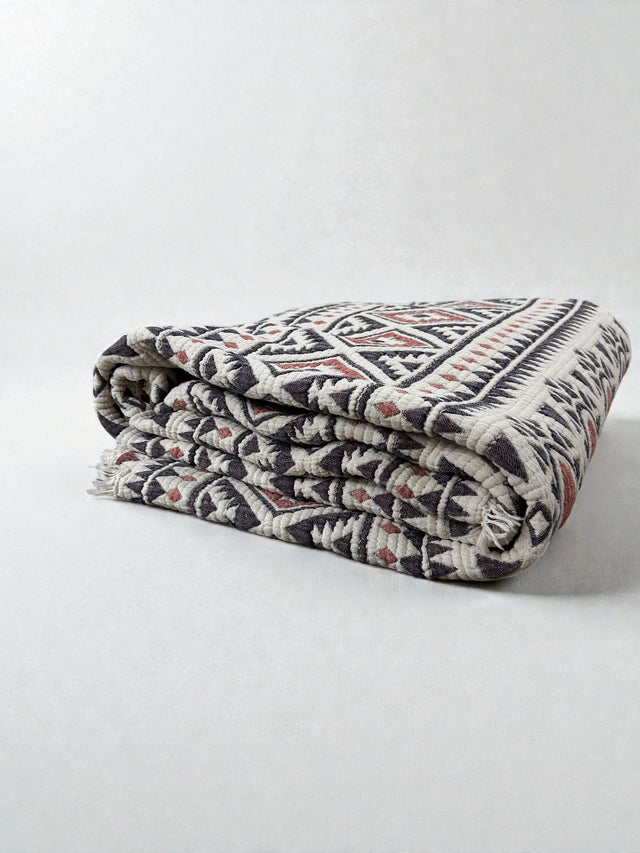 CALMA Musselin Decke - Rot-Grau-Weiß - 2,30 x 2,60 m