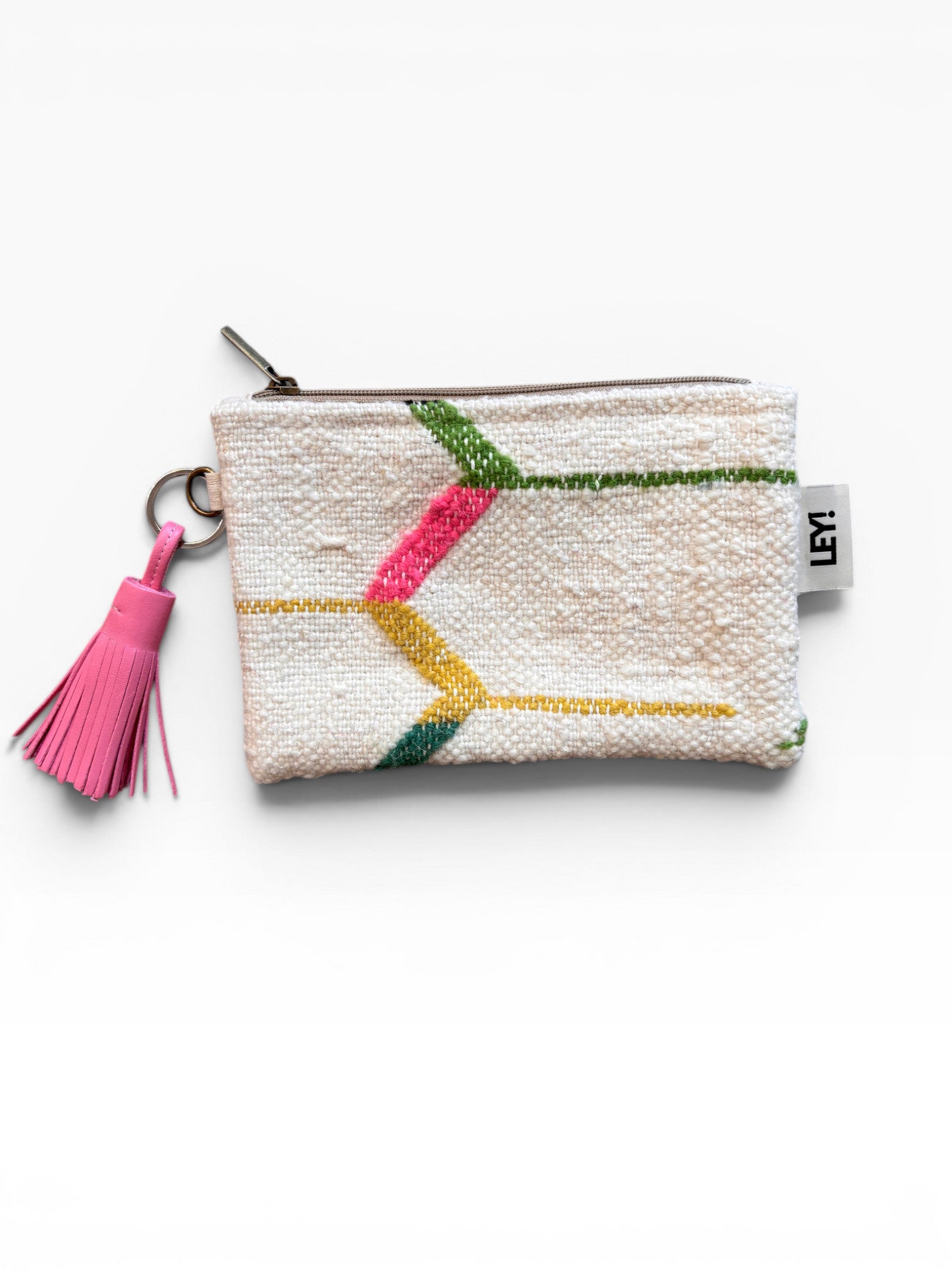 Die LEY! Tasche - Colorful Line - 15 x 20 ist eine kleine, strukturierte weiße Clutch mit Reißverschluss, bunten geometrischen Linien in Rosa, Gelb und Grün sowie einer rosa Quaste - ideal für die stilvolle Organisation unterwegs.