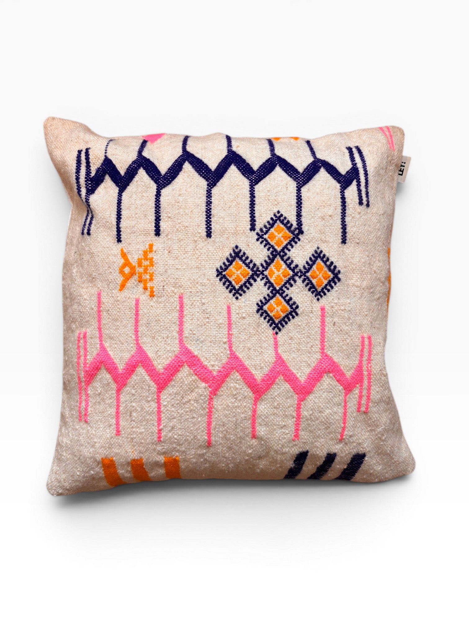 LEY! Kissen - Colorful Line, 60x60 cm, beige Schurwolle mit pink, navy &amp; orange Muster, handgefertigt in Marrakesch.