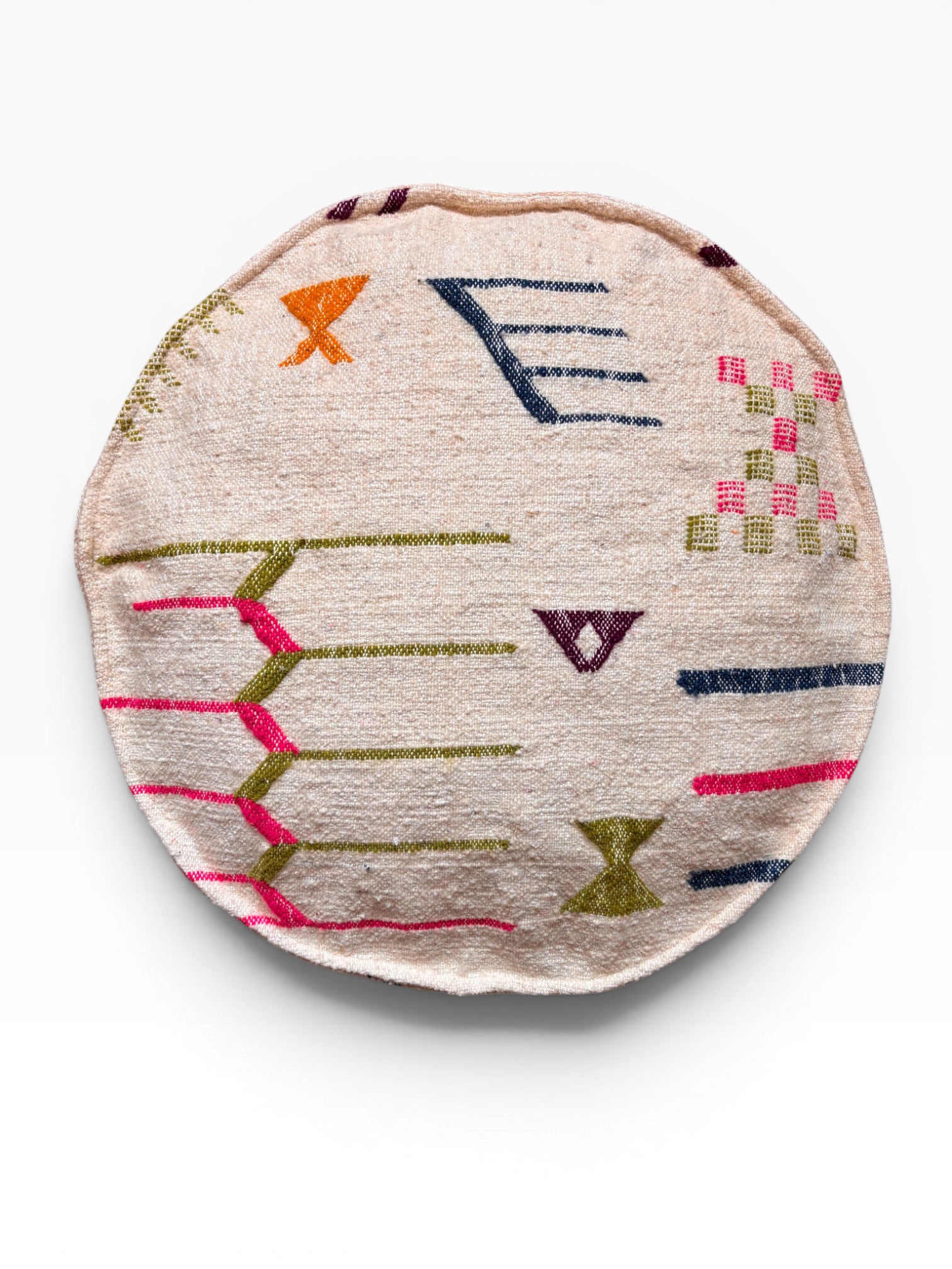 LEY! Bodenkissen - Colorful Line Round - Tahla: Beige Matte mit lebhaften geometrischen Mustern, ideal als Sitzkissen.