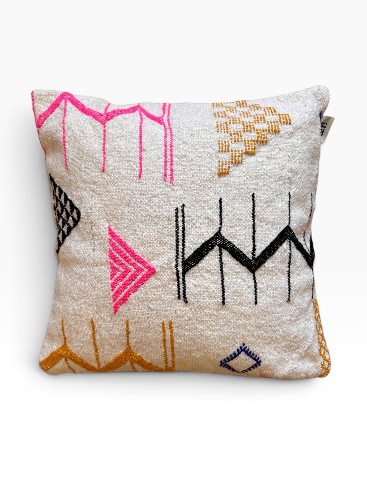 LEY! Kissen – Colorful Line, 50 x 50 cm, rosa/gold/schwarz/blau, geometrisches Muster auf weißem Hintergrund. Marke: LEY!.