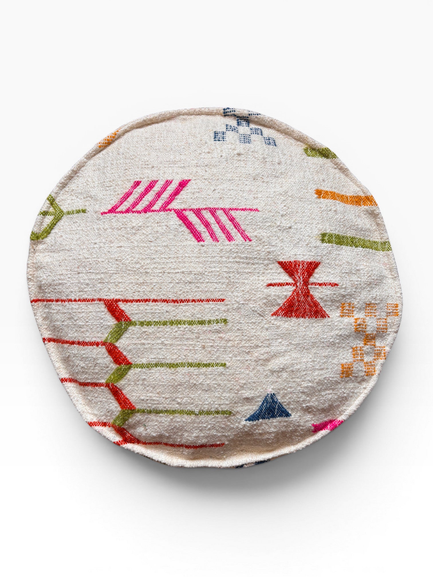 Rundes cremefarbenes Bodenkissen von LEY!, mit bunten geometrischen Mustern, Colorful Line Round - Robina.