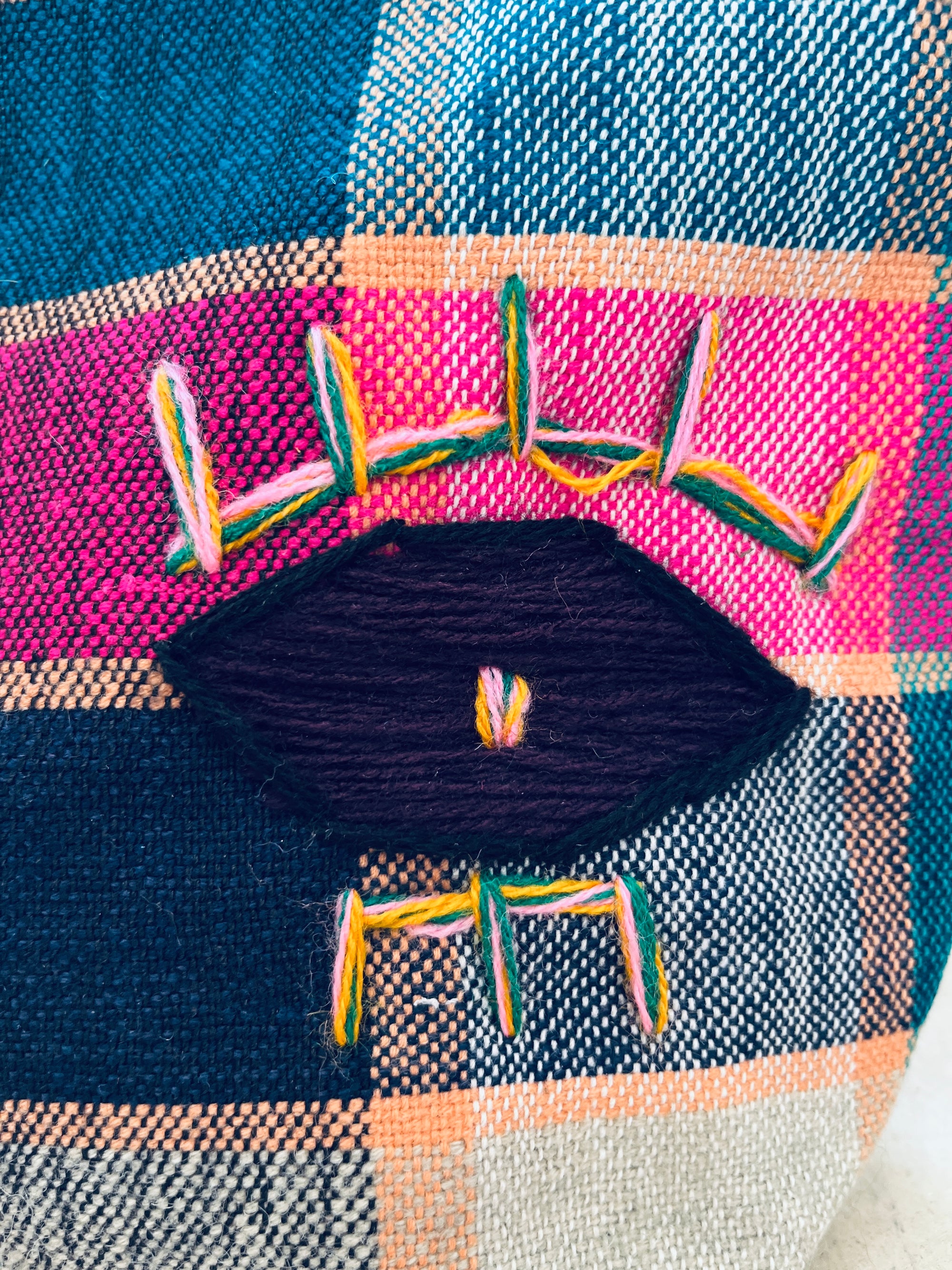 Ein bunt gesticktes Auge mit Wimpern aus Regenbogenfäden ziert diese bunt karierte Tasche - Kosmetiktasche von LEY! Das Auge ist mit schwarzem Garn gestickt und hat einen kleinen, bunten Akzent in der Mitte.