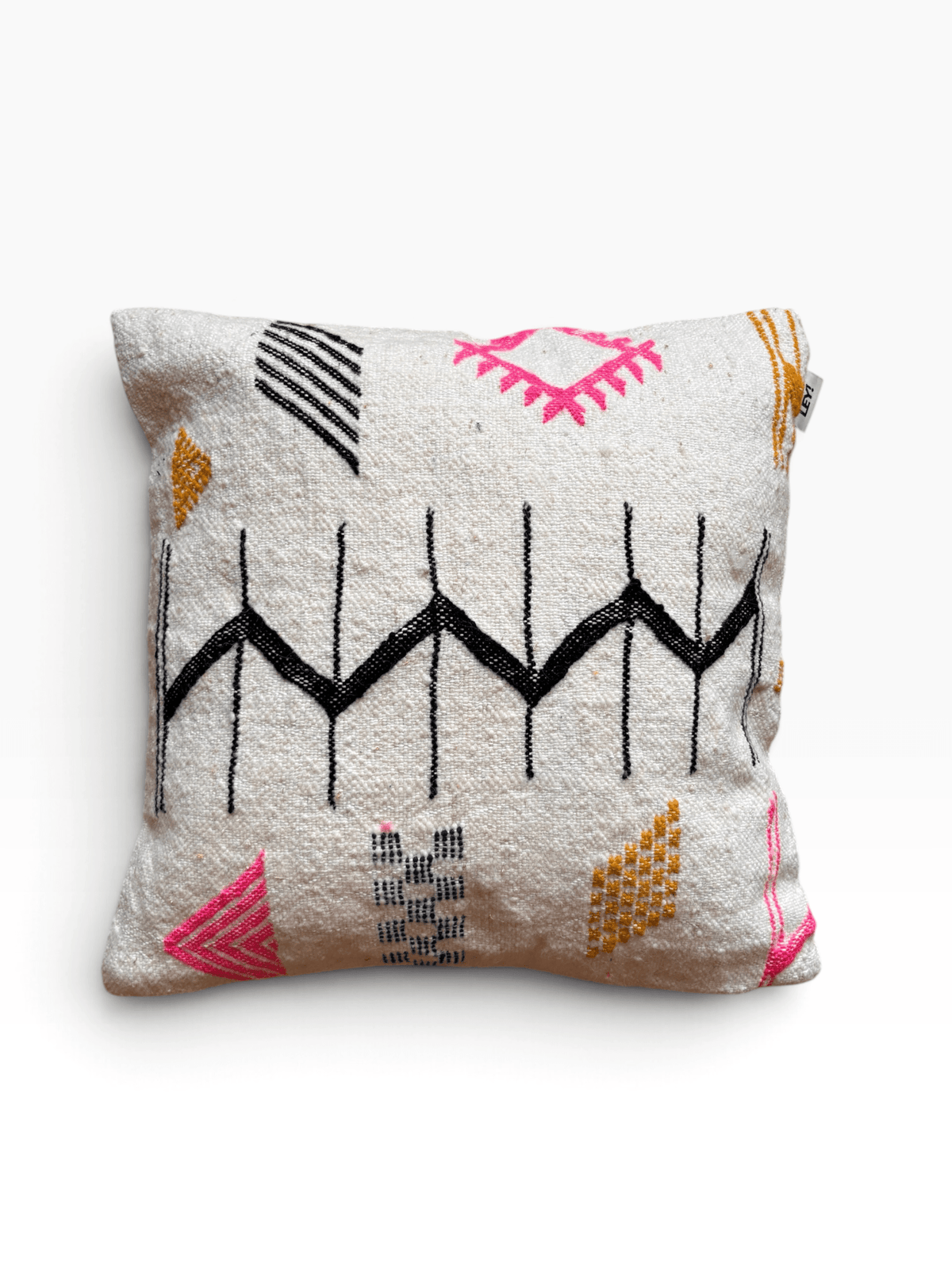 LEY! Kissen – Colorful Line – 50 x 50 cm großes, cremefarbenes Kissen mit gestickten geometrischen Mustern und einer schwarzen Zickzacklinie.