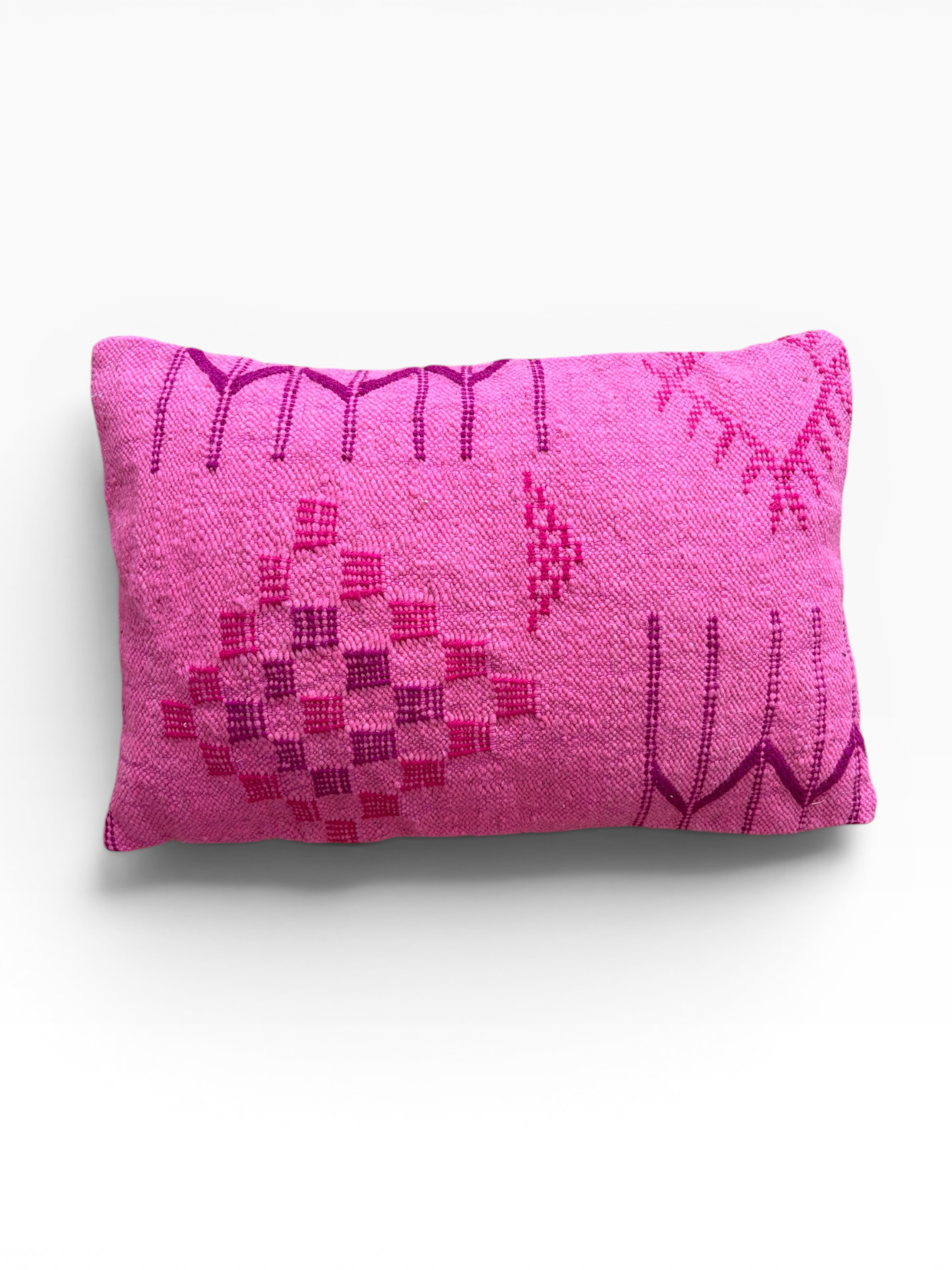 LEY! – Kissen – Colorful Line – PINK EDITION 40x60, rosa Kissen mit magentafarbenen geometrischen Mustern auf weißem Hintergrund.