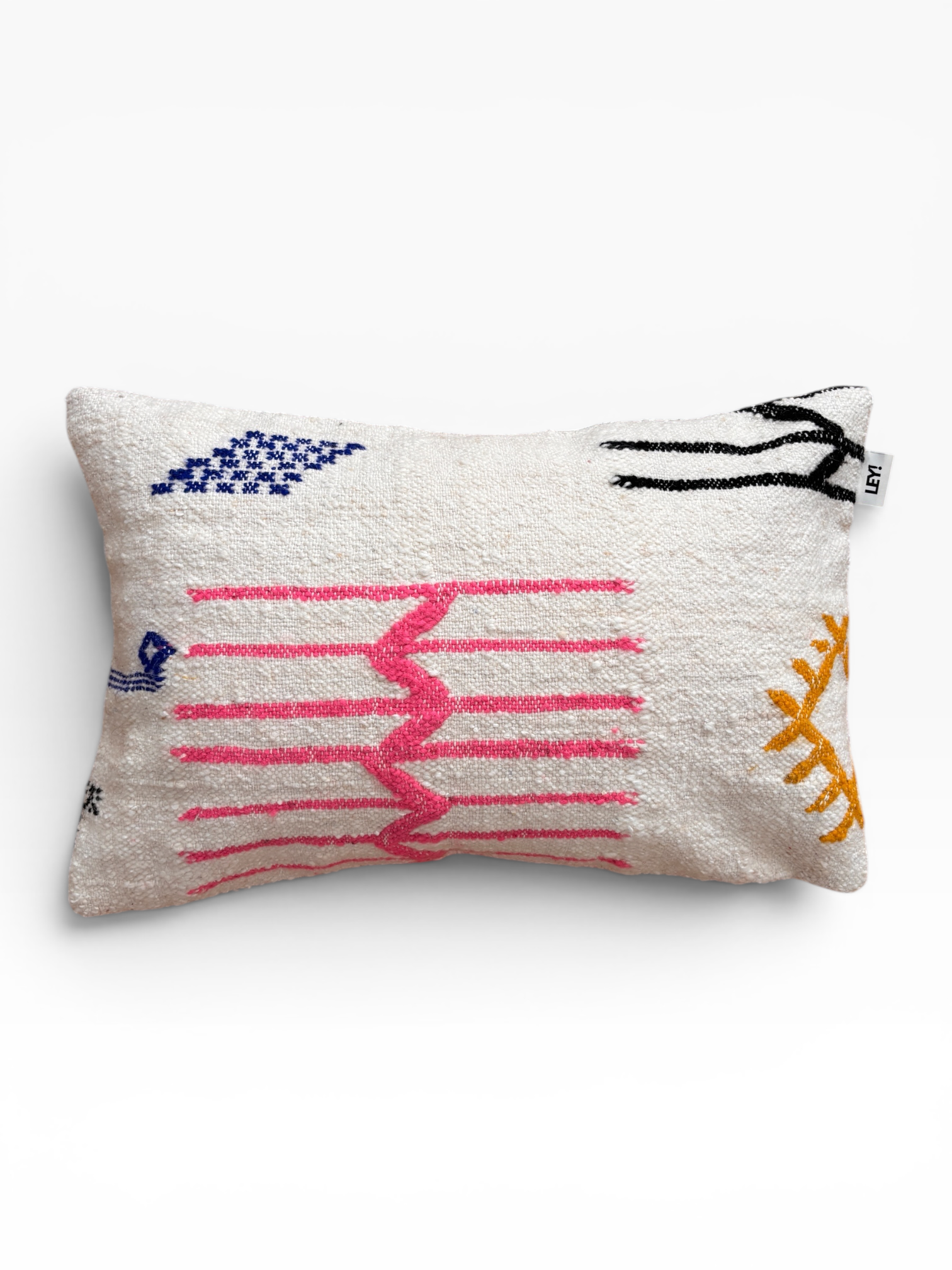 LEY! Kissen – Colorful Line, 40 x 60 cm, Schurwolle, handgefertigt, bunt gemustert in Rosa, Blau, Gelb und Schwarz.