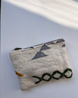 Die LEY! Tasche ist eine kleine Clutch mit Reißverschluss, die aus strukturiertem, cremefarbenem Stoff gefertigt und mit grauen, gelben und grünen geometrischen Stickereien versehen ist. In natürlichem Licht auf einer weißen Oberfläche abgebildet, ist sie ideal als Kosmetiktasche für alltägliche Dinge.