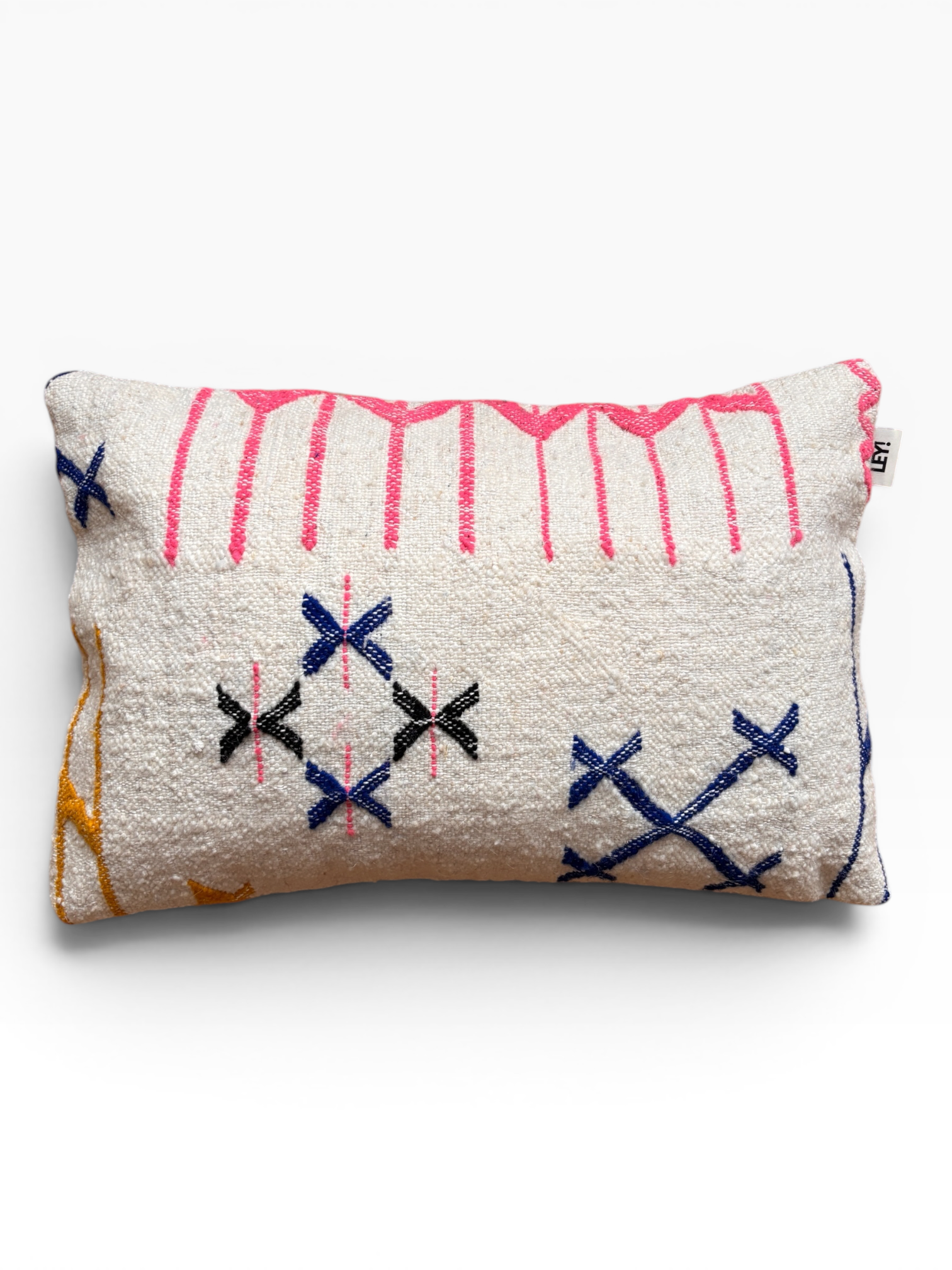 LEY! Kissen – Colorful Line 40 x 60 aus Schurwolle, handgefertigt, bunt gemustert (rosa/blau/gelb/schwarz).