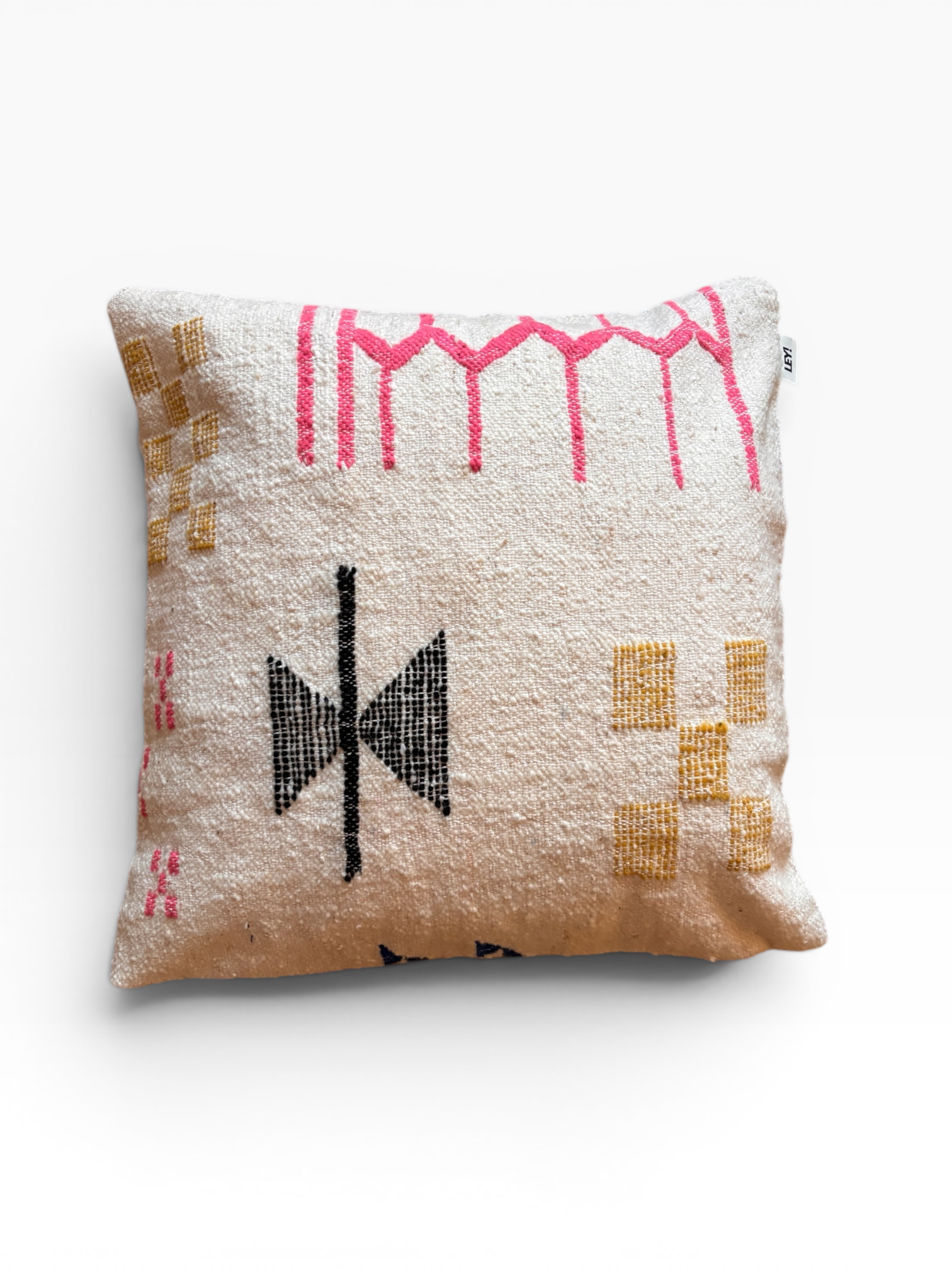 LEY! Kissen – Colorful Line, 60 x 60 cm, Kissen aus Schurwolle mit abstraktem schwarz-gelb-rosa Muster von LEY!.
