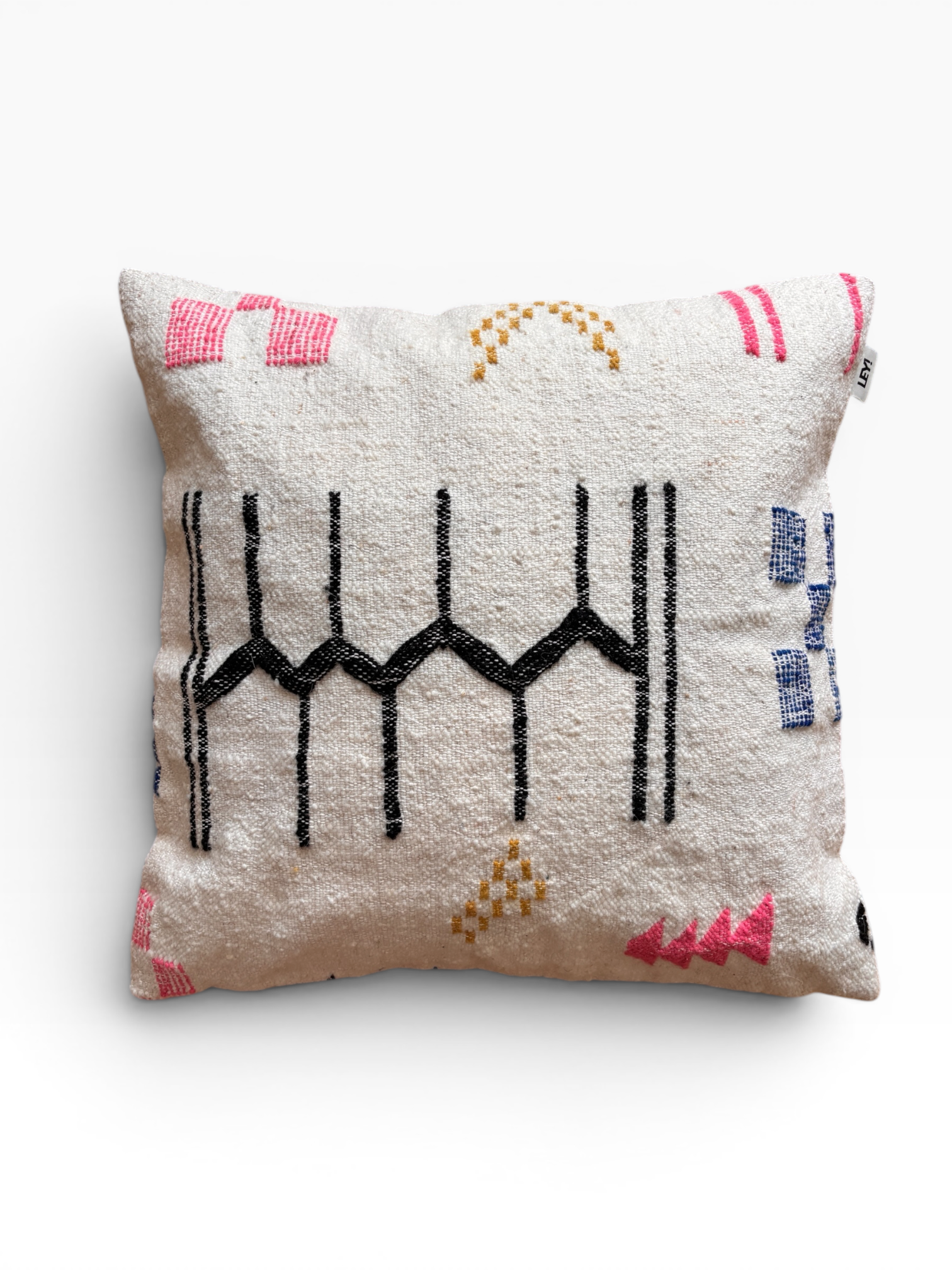 LEY! Kissen – Colorful Line, 60 x 60 cm: abstraktes geometrisches Muster auf cremefarbenem Hintergrund, handgefertigt aus Schurwolle.