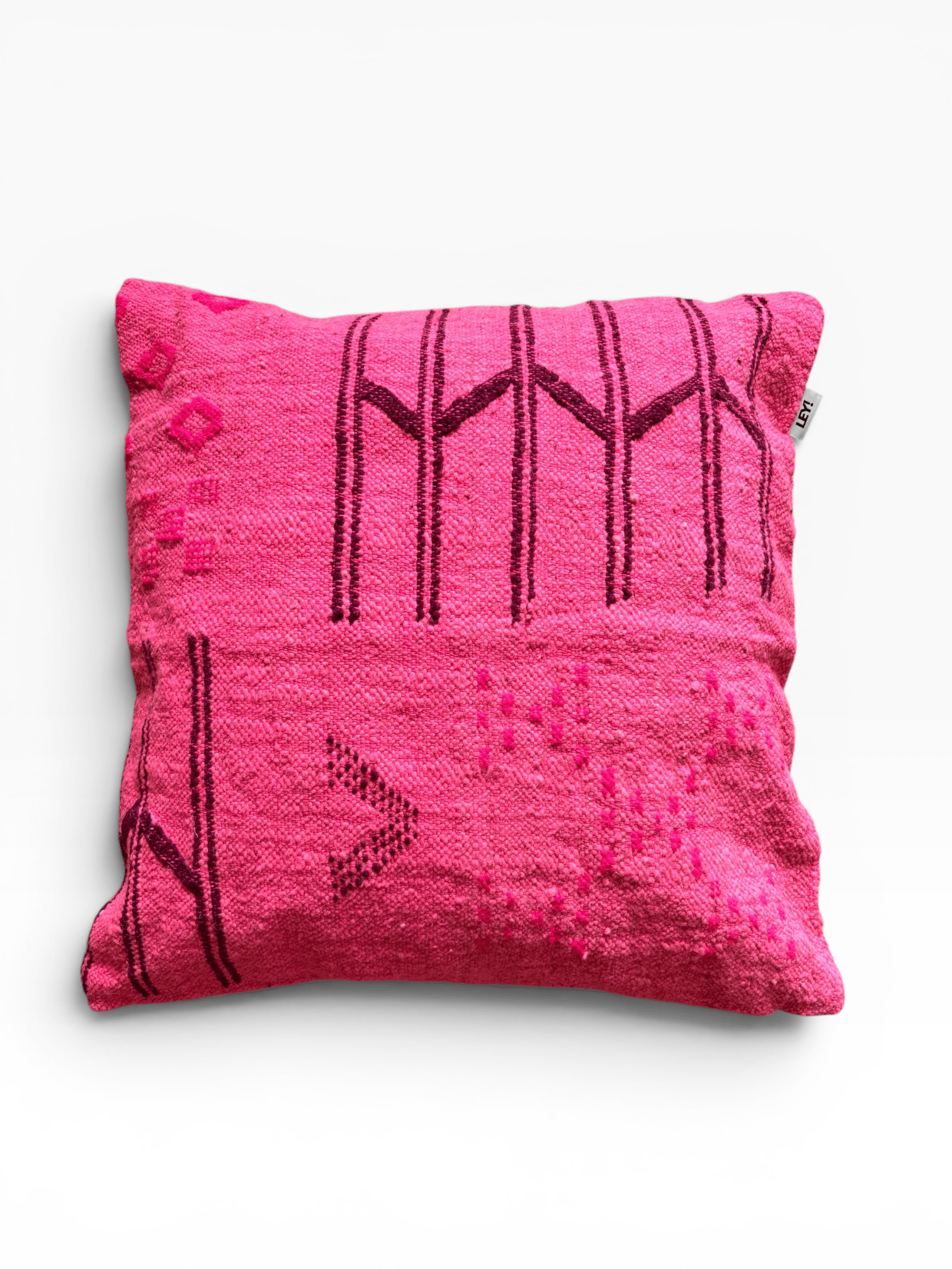 LEY! Kissen – Colorful Line Pink Edition, 50 x 50 cm, leuchtendes Pink mit dunkelrosa geometrischem Muster, handgefertigt.
