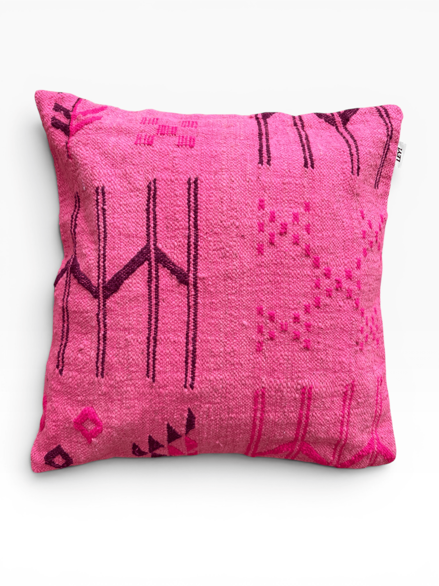 LEY! Kissen – Colorful Line – Pink Edition 50 x 50 cm: rosa, quadratisch, mit geometrischen Mustern in Lila und Magenta.