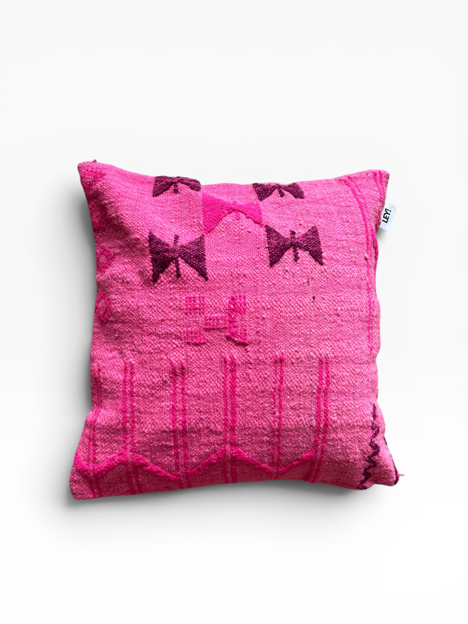 LEY! Kissen – Colorful Line Pink Edition 50 x 50, mit dunkelrosa und violetten Schleifen, handgefertigt in Marrakesch.