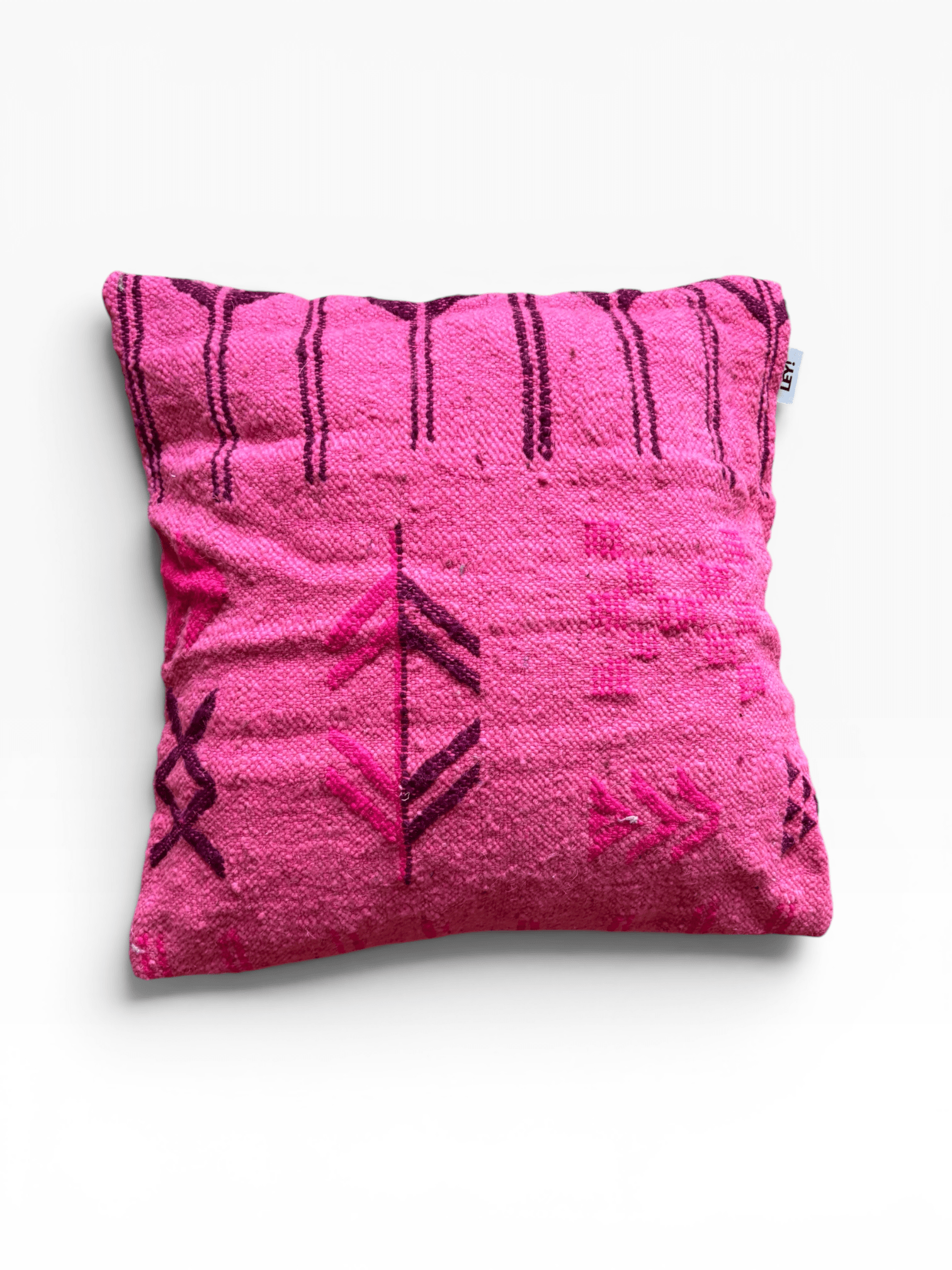LEY! Kissen – Colorful Line Pink Edition 50 x 50, quadratisch, mit dunkelvioletten Mustern auf weißem Hintergrund.