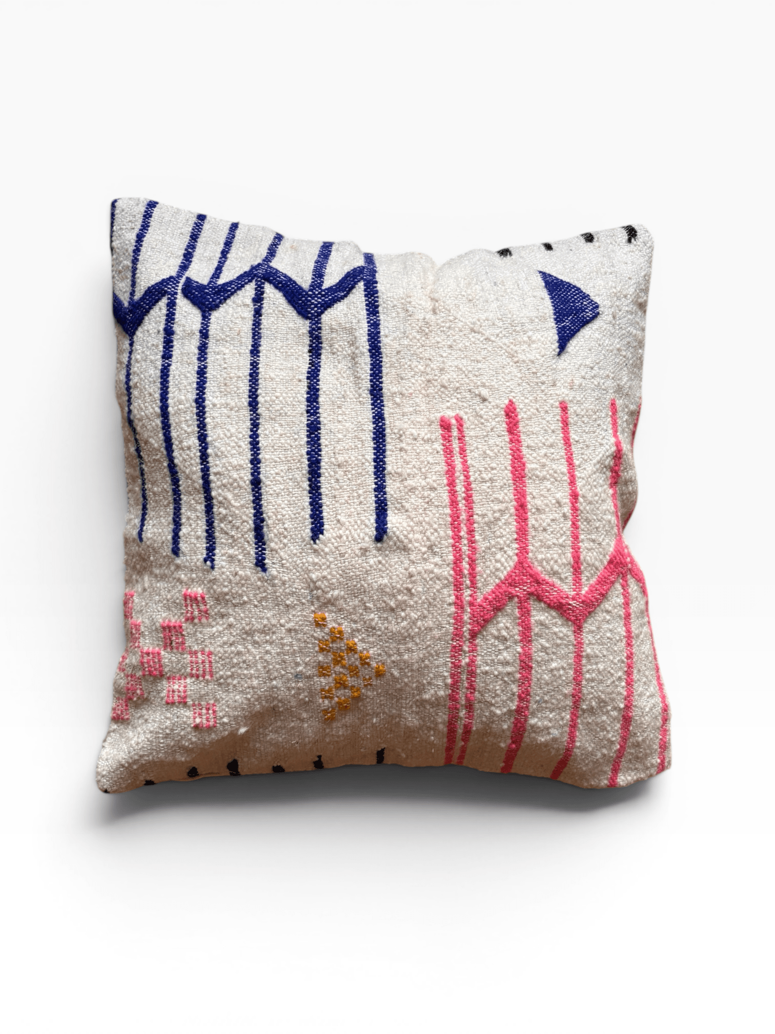 LEY! Kissen – Colorful Line: 50 x 50 cm, blau/rosa/gelbes geometrisches Muster auf cremefarbenem Hintergrund. Marke: LEY!.
