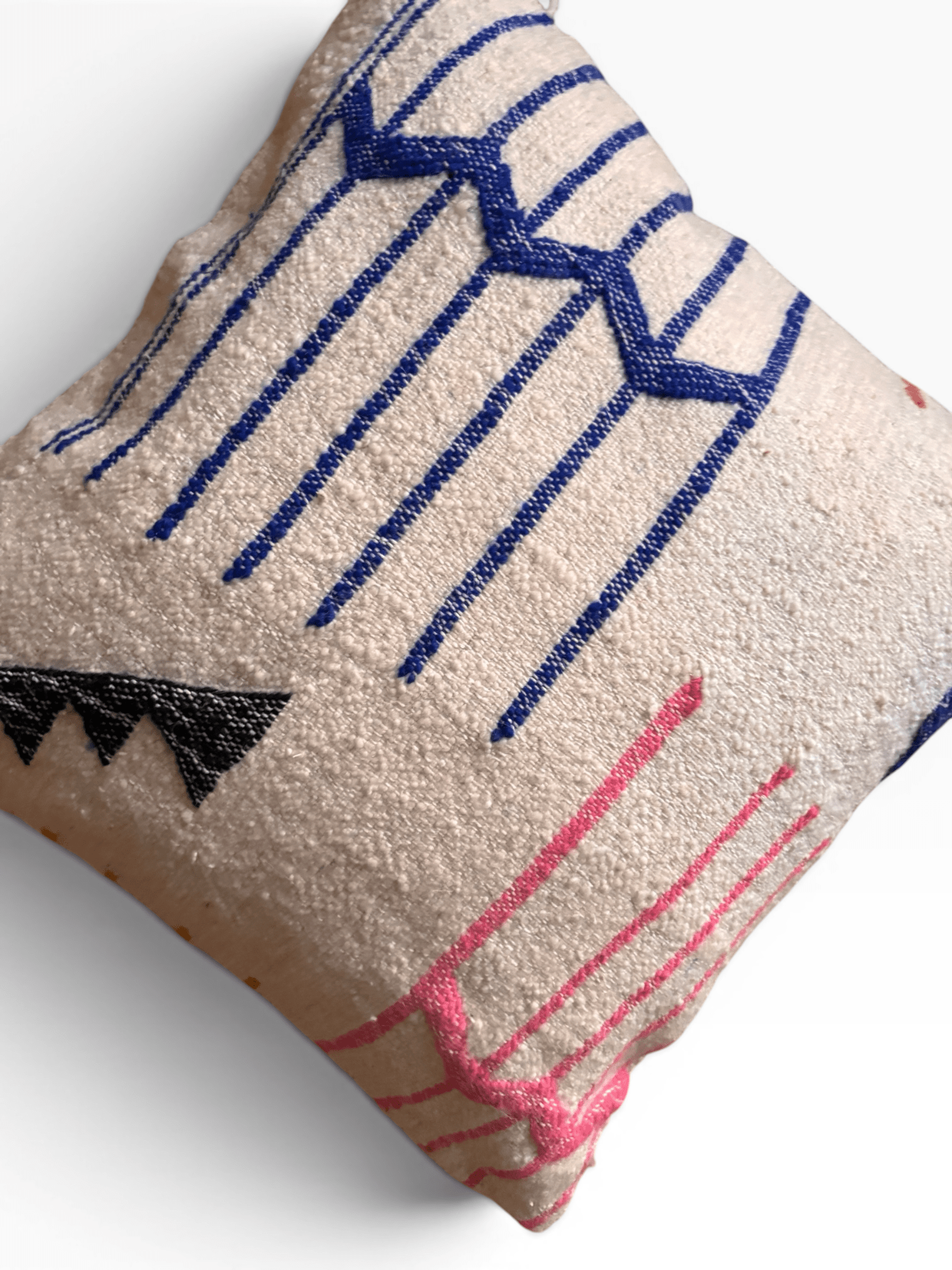 LEY! Kissen – „Colorful Line“, 50 x 50 cm, beige mit blauen, rosa und schwarzen Streifen; handgefertigtes Marrakesch-Design von LEY!.