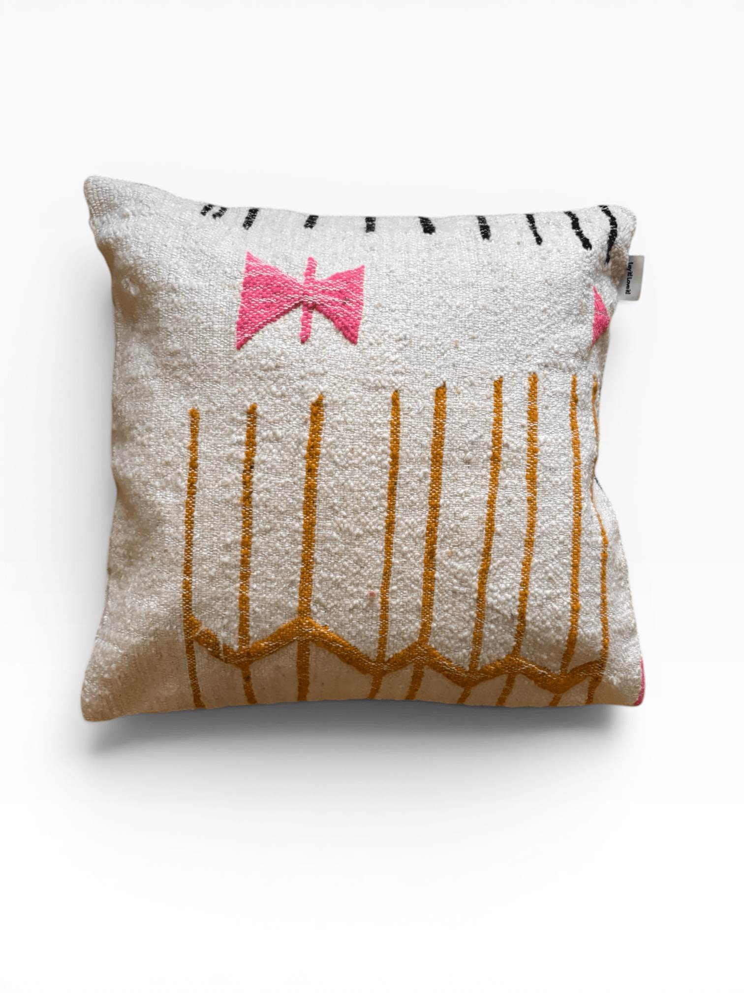 LEY! Kissen – Colorful Line, 50 x 50 cm, mit weißen, goldenen und schwarzen Linien sowie einer rosa Schleife.
