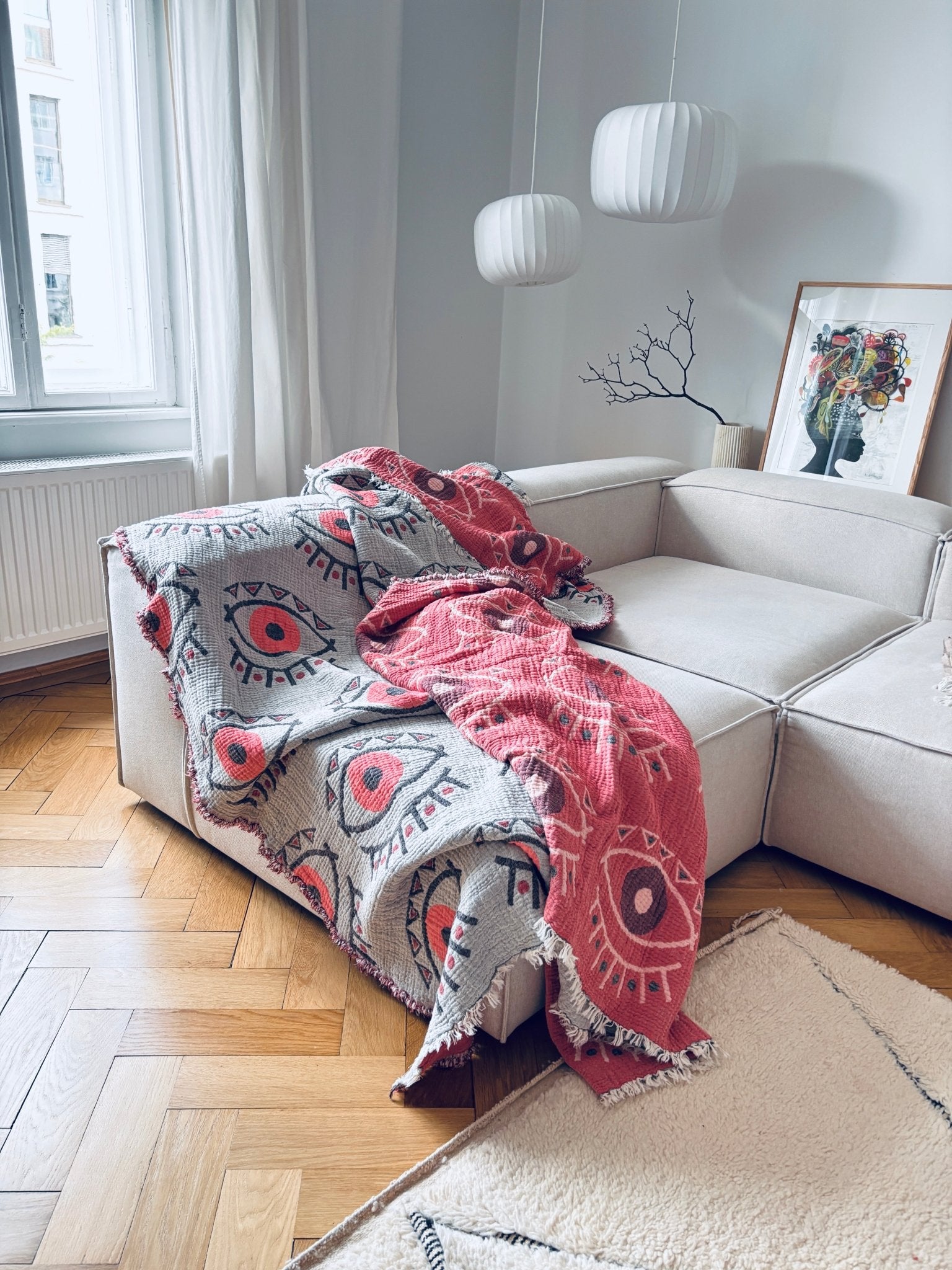 Musselin Decke - Vision - Koralle-Blau -  2,20 x 2,50 m