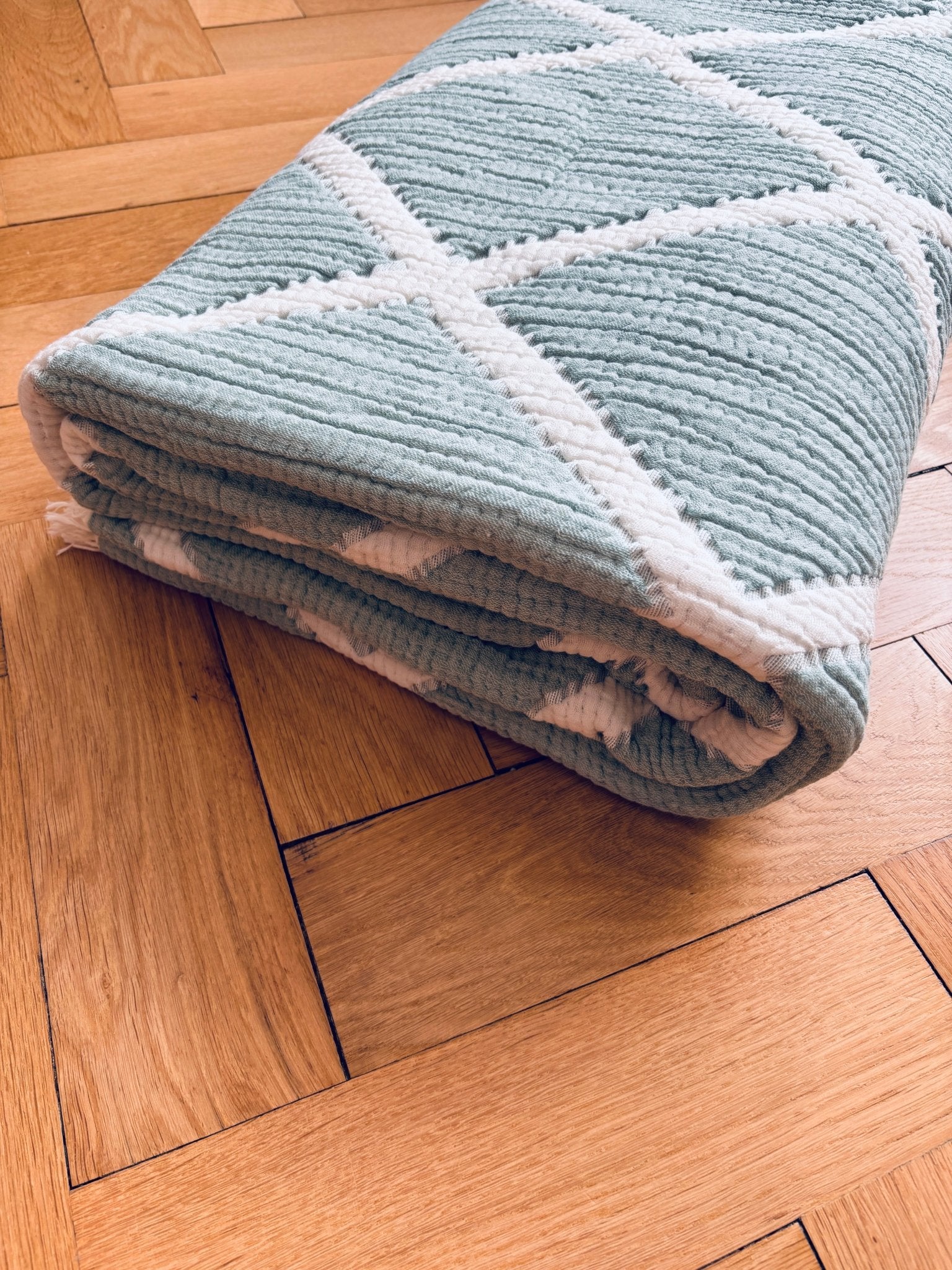 Musselin Decke - Salbei-Weiß-  2,20 x 2,50 m