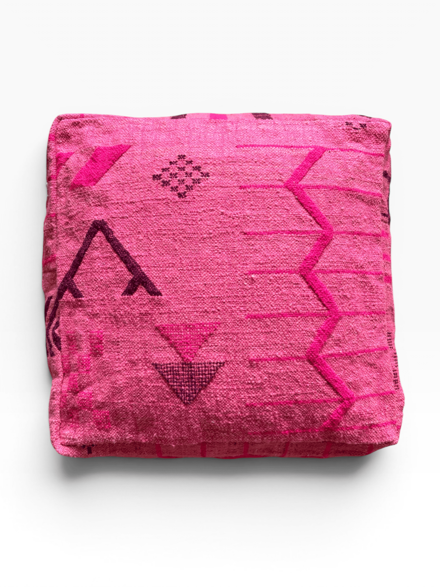 LEY! Bodenkissen – Colorful Line – Pink Edition, quadratisches Kissen mit geometrischen Mustern auf weißem Hintergrund.