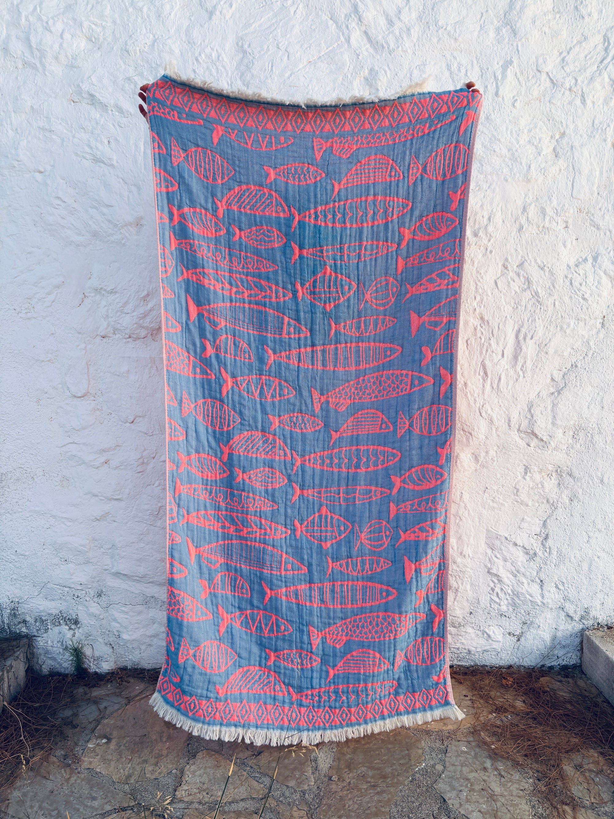STRANDHANDTUCH - BADETUCH - 'RIVA' - CORAL/NAVY