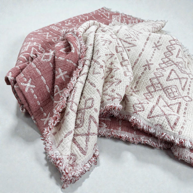 CALMA Musselin Decke - Rotbraun-Weiß - 1,60 x 2,30 m