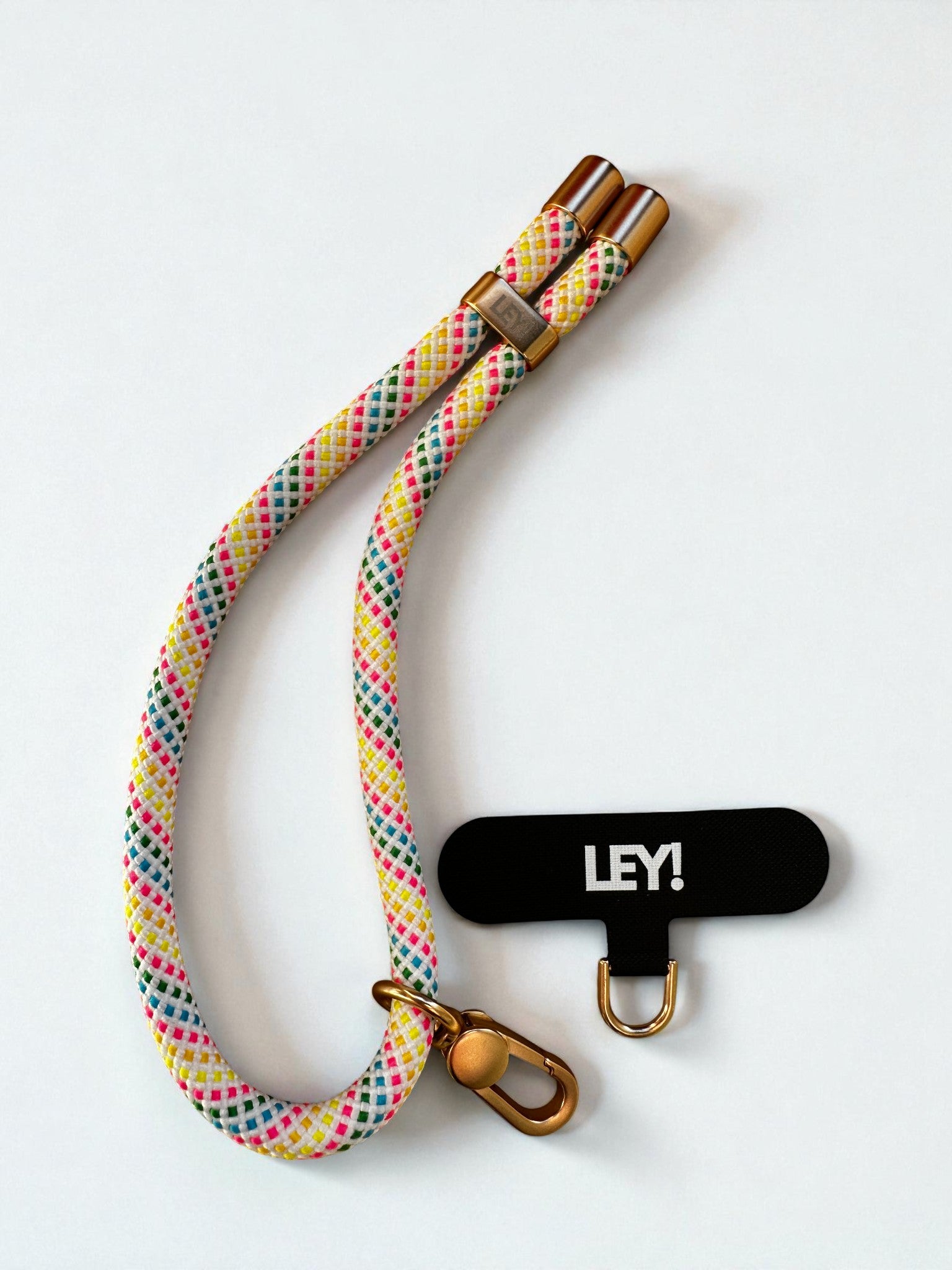 Eine bunte, geflochtene Hundeleine mit goldenen Beschlägen ist auf einem weißen Hintergrund aufgereiht. Daneben liegt der LEY! Schlüsselanhänger - ein schwarzes Schlüsselband mit Schließe und "LEY!" in weißem Druck - in trendigen Farben.