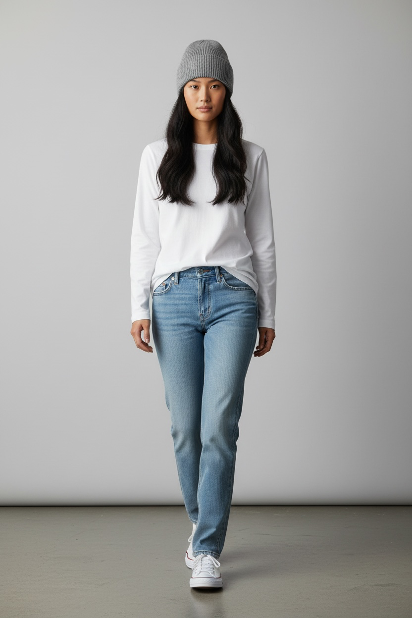 Eine Frau in einer beigen Unisex-Wollmütze „Saha“ von LEY!, einem weißen Langarmshirt und einer blauen Jeans steht vor einem einfarbigen Hintergrund.