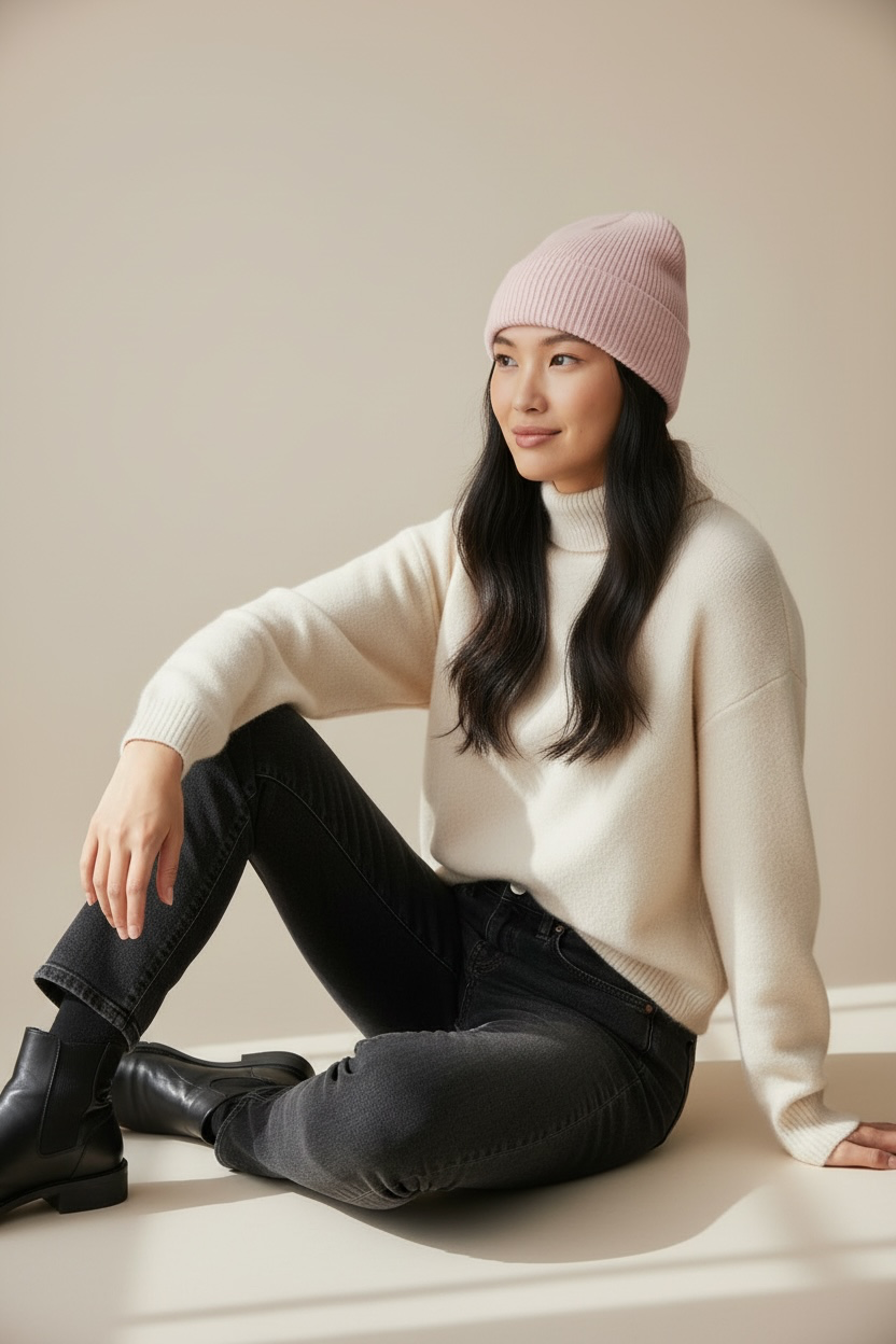 Eine Frau trägt eine LEY!-Wollmütze „Saha“ in Rosa und einen cremefarbenen Pullover; sie sitzt vor einem neutralen Hintergrund und lächelt.