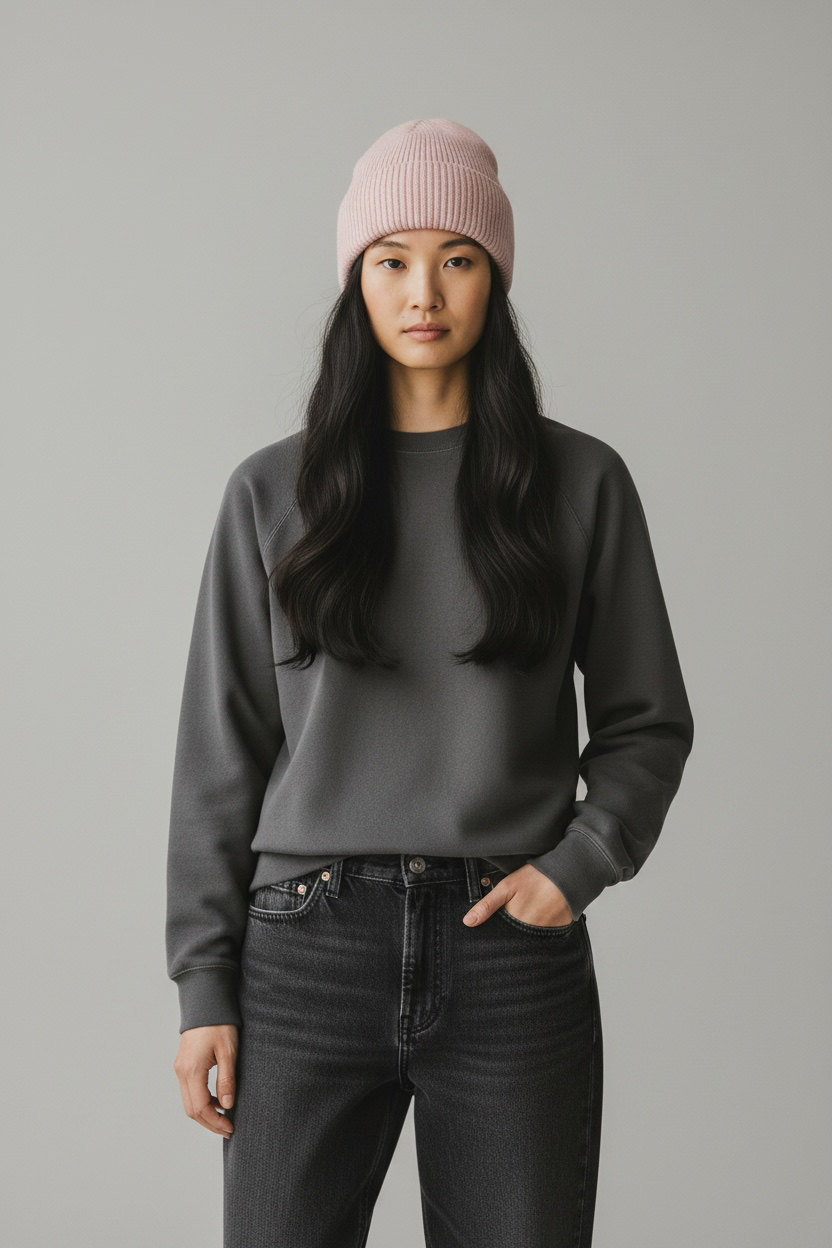 Frau mit langen schwarzen Haaren, die eine LEY!-Wollmütze „Saha“ in Pastellgrün, ein graues Sweatshirt und schwarze Jeans trägt.