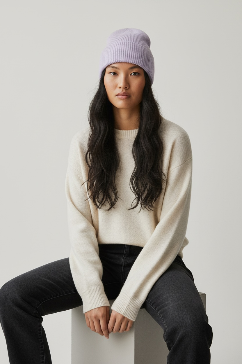 Eine Frau mit langen dunklen Haaren trägt eine lavendelfarbene LEY!-Wollmütze „Saha“, einen cremefarbenen Pullover und schwarze Jeans vor einem weißen Hintergrund.