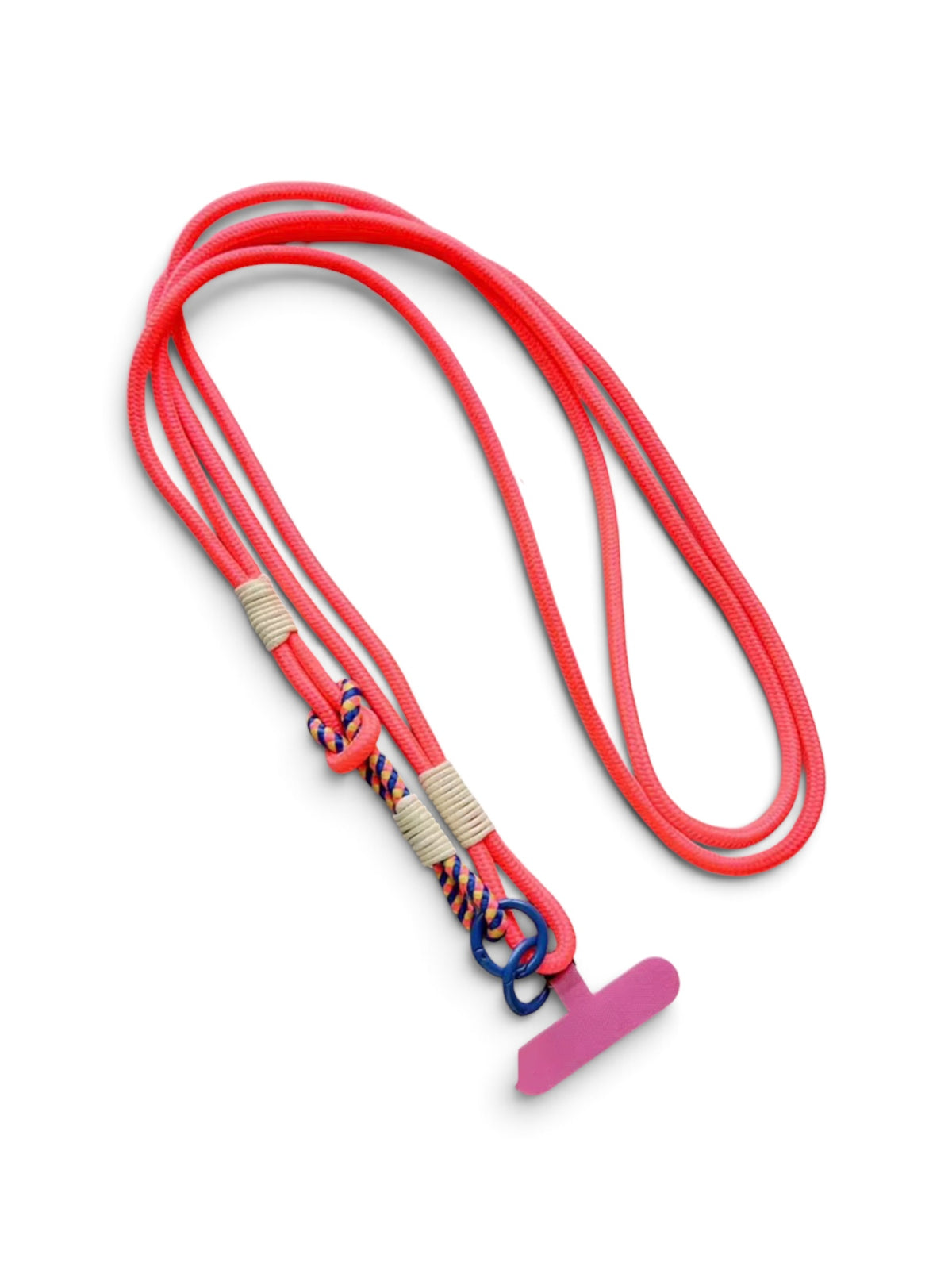 LEY! Lange Handykette „LINA“ – Beere: Leuchtend pinkes Kordelband mit violettem T-Verschluss und blau-weißer Zierumwicklung.