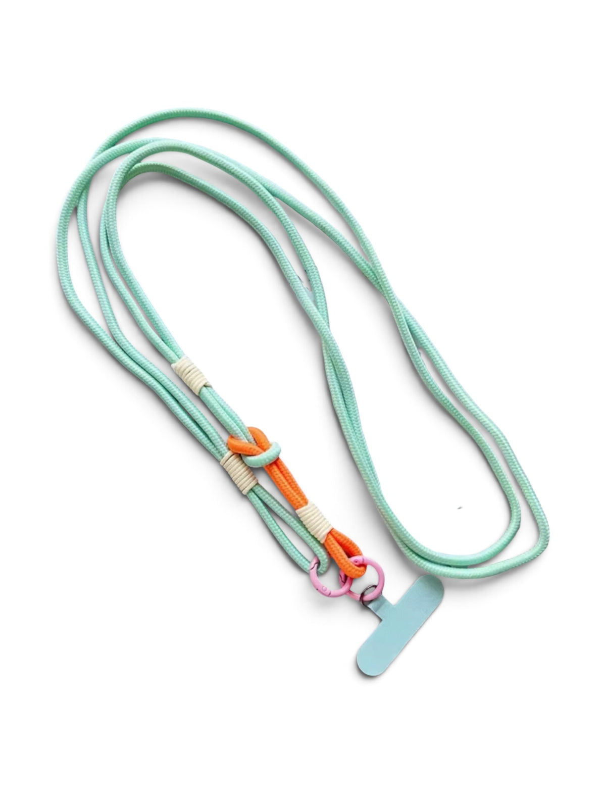LEY! Lange Handykette „LINA“ mit Akzenten in Orange, Rosa und Creme sowie einem blauen Anhänger auf weißem Hintergrund.