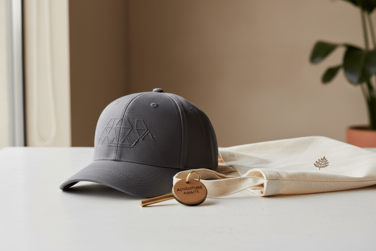 Eine graue LEY! Baseballkappe aus unserem Merchandise SAMPLE KIT mit geometrischem Muster liegt auf einer weißen Fläche neben einer cremefarbenen Tasche und einem Schlüsselanhänger "ADVENTURE AWAITS". Ideal, um stilvolle Essentials zu testen - der Charme wird durch eine Pflanze im Hintergrund verstärkt.